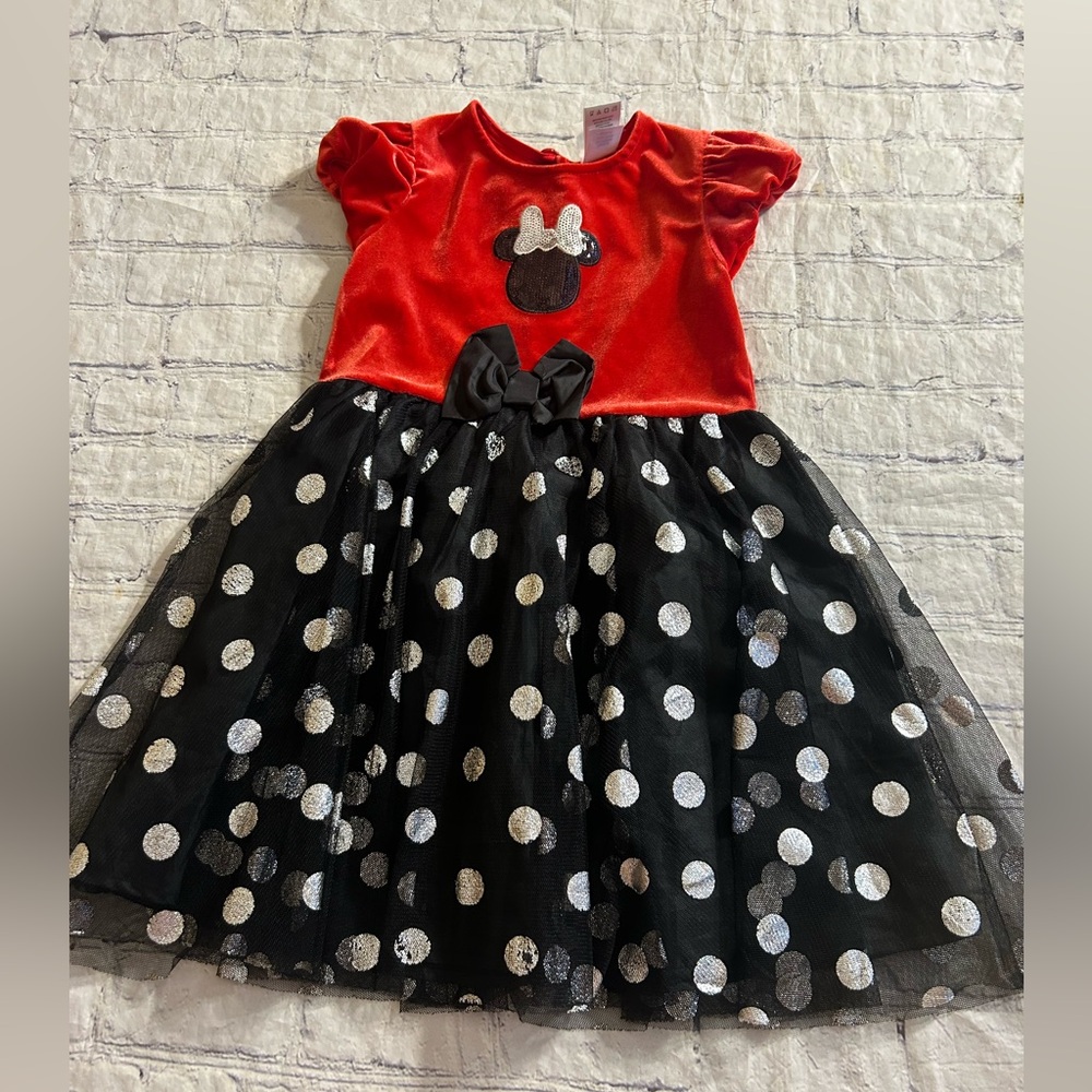 DISNEY (2016) RED VELOUR UPPER BLACK & SILVER POLKA DOTS METALLIC GIRLS DRESS 4T